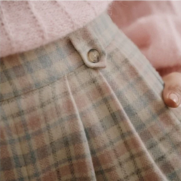 Sezane Loulou High Waisted Wide Leg Trousers Pastel Check Wool - Picture 3 of 4